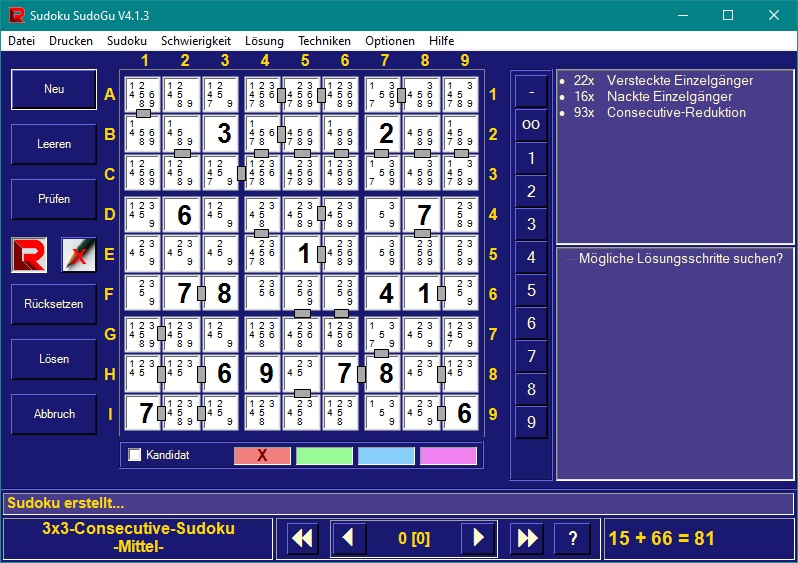 Sudoku SudoGu Programmfenster mit Consecutive-Sudoku in Farbe blau