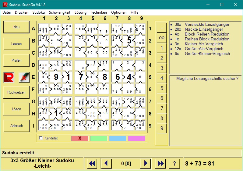 Sudoku SudoGu Programmfenster mit Groesser-Kleiner-Sudoku in Farbe Gelb