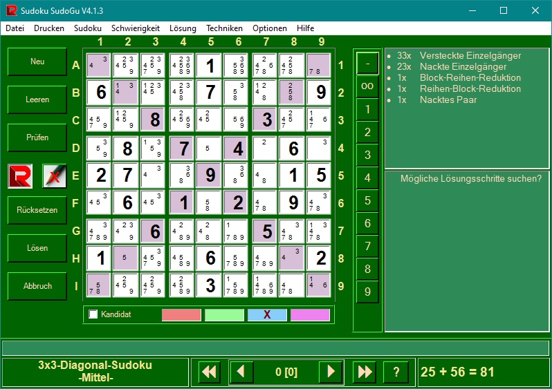 Sudoku SudoGu Programmfenster mit Diagonal-Sudoku in Farbe Grün